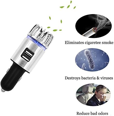 2-in-1 Ionic Car Air Purifier, Freshener and Deodorizer Accessory with Dual 2.1 Amp USB Outlets - Auto Ionizer Cleans Dust, Pollen, Removes Cigarette Smoke Smells, Pet and Food Odors