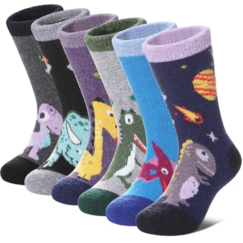 FNOVCO Kids Merino Wool Hiking Socks Toddlers Boys Girls Cozy Thermal Winter Thick Warm Crew Socks 6 Pairs