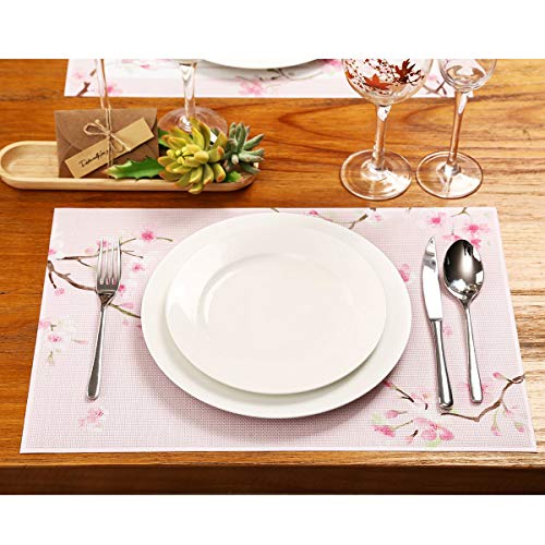 Topadorn Woven Vinyl Placemat Plastic Wipeable Washable Kitchen Dining Table Mat Non Slip Heat Stain Resistant, Pink, Set of 4