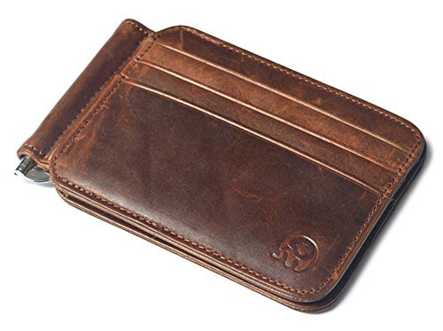 Men's Leather Slim Spring Money Clip Wallet Front Pocket Credit Card Case Holder (Dark brown)