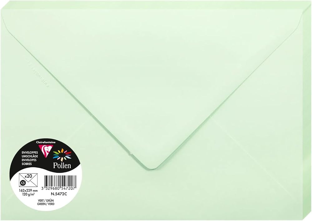 Clairefontaine 5472C Gummed Envelopes Pack 20 C5 16.2x22.9cm 120gsm Green