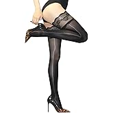HTRUIYA Women's Glossy Thigh High Stockings Shiny Hold Ups 8 Denier Sexy Lace Top Stay Up Nylon Sheer Stockings