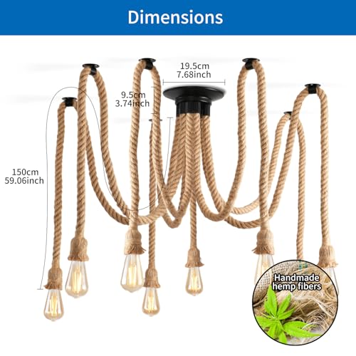 ANWIO Rope Ceiling Lamps, Rustic Ceiling Lamp E27, Rope Ceiling Lamp with 8 Bases, Ideal for Bedroom, Dining Room, Restaurant, Bar, Cafeteria (without Bulbs)
