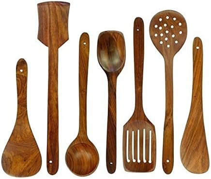 Chef Collection, Premium 7 Pieces Wooden Cooking and Serving Utensils/Spatulas Set |Small,Medium,Long Plain,Dotted,Slotted Spatulas, Rice Spoon, Ladle|Nonstick Wooden Gadgets| Great Gift