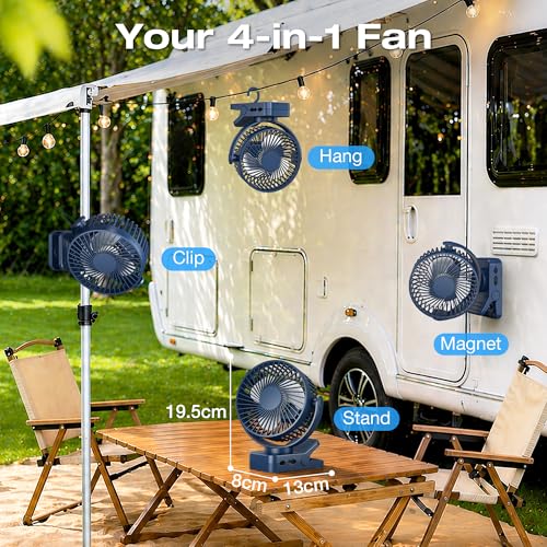 Orvyna USB Rechargeable Portable Fan 12000mAh 4 in 1 Magnetic Clamp Table Fan with Remote 3 Speeds LED Light Timer 360°, Desktop Fan for Car Camping Baby Cart, Blue