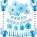 VEYLIN 35 PCS Blue Boys Birthday Party Decoration Set for Baby Shower ,Includes Paper Fans,Balloons,Happy Birthday Banner,Paper Tassels,Tissue Paper Pompoms and Star Garland