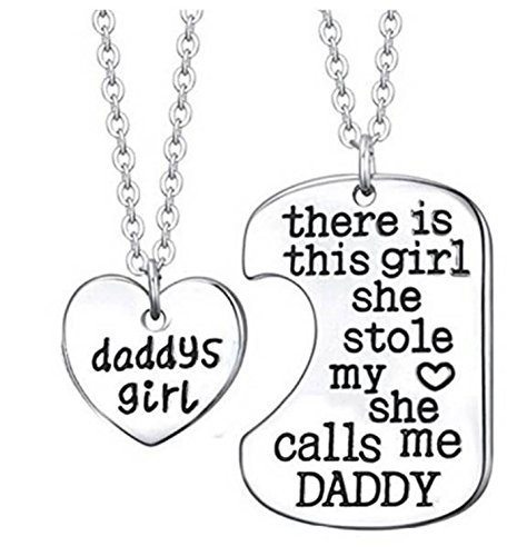 Father Daughter Inspirational 2-Piece Heart Pendant Necklace Set - 'Daddy's Girl' and Matching 'There is This Girl She Stole My Heart She Calls Me Daddy' - Best Bonding