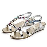 Hunputa Women Summer Rhinestone Flat Sandals Boho Beach Shoes (Silver, 38(US 7))