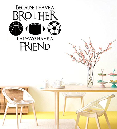 BIBITIME Vinyl Inspirational Quotes BECAUSE I HAVE A BROTHER I ALWAYS HAVE A FRIEND Wall Decal Basketball Rugby Football Soccer Vinyl Stickers for Sport Fans Boys Teens Bedrooms