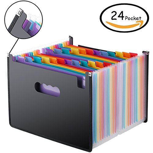 Expanding File Folder 24 Pockets, Multi-Color Accordion A4 Document Organizer with Expandable Wallet Stand – W