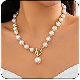 Chunky Fake Pearls Necklaces for Women Gold Plated Toggle Necklace Big Imitation Pearl Choker Necklaces for Women Large Baroque Imitation Pearl Necklace White Black Beaded Necklace Prom Bridal Wedding Fake Pearl Jewelry