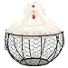 Black Metal Mesh Wire Egg Storage Basket with White Ceramic Farm Chicken Top and Handles