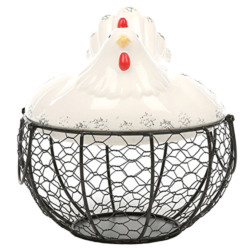 Black Metal Mesh Wire Egg Storage Basket with White Ceramic Farm Chicken Top and Handles