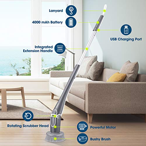 Electric Spin Scrubber, NOVETE Cordless Shower Bathroom Scrubber with Long Adjustable Extension Arm, 3 Upgraded Cleaning Brush Heads, Spin Scrubber for Tub Tile Floor, Ideal Gift for Family & Friends