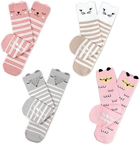 Haley Clothes Girls Knee High Socks Animal Cartoon Kids Toddler Socks Non Skid Anti Slip Socks (4 Pairs Gift Pack)