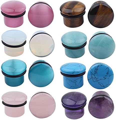 8 Pairs Natural Mixed Stone Saddle Ear Plugs Stretcher Piercing Jewelry with O-Rings (5mm=4G)