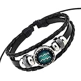 Rosemes Retro 12 Constellation Beaded Hand Woven Leather Bracelet PUNK Chain Cuff Aquarius