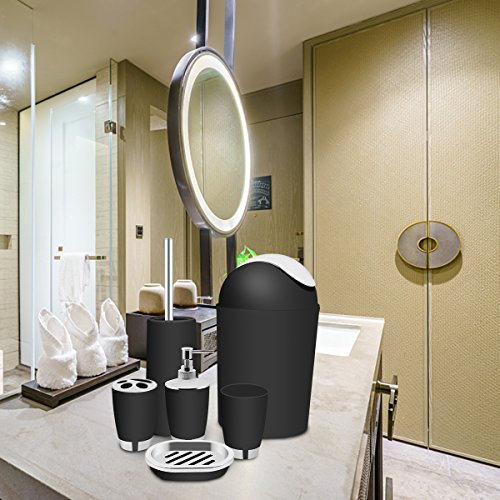 TEKITSFUN Black Bathroom Accessories Set,6 Pcs Plastic Gift Bath Accessory Set Luxury Ensemble Includes Toothbrush Holder,Toothbrush Cup,Soap Dispenser,Soap Dish,Toilet Brush Holder,Trash Can - Thumbnail 5
