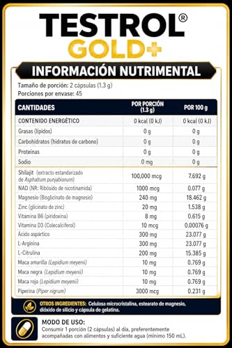 TESTROL GOLD + Next Gen, Suplemento para Hombres con Zinc, Shilajit, NAD, Magnesio, Arginina, Citrulina y Ácido Aspártico, 90 Cápsulas.