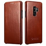 Galaxy S9 Plus Leather Case, Icarer Genuine Vintage Leather Flip Folio Opening Cover in Curved Edge Design, Slim Thin Side Open Case for Samsung Galaxy S9 Plus 6.2 Inch (Brown)
