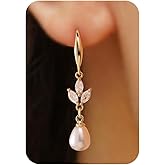 Plenky Pearl Earrings-14K Gold Plated Dainty Pearl Drop Simple Wedding CZ Dangle Dangling Cute Stud Earrings for Brides Earrings for Women Gifts