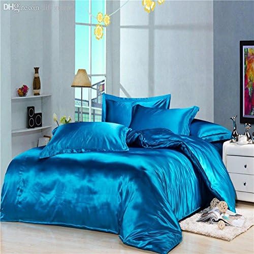Meena Shree Textile 100% Pure Silk Satin Sheet Set 4pcs, Silk Fitted Sheet 15'' Deep Pocket,Silk Flat Sheet & Pillowcases Set !!! King, Turquoise Blue