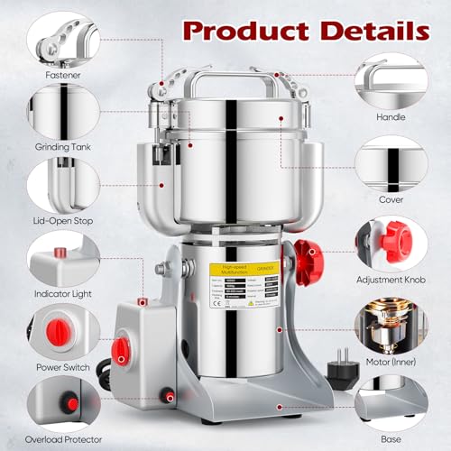 Niktulo 220V Portable Cereal Grinder Grinder Grinder High Speed Grinder Powder Herb Spice Nut Cereal with Overload Protection (1000g)