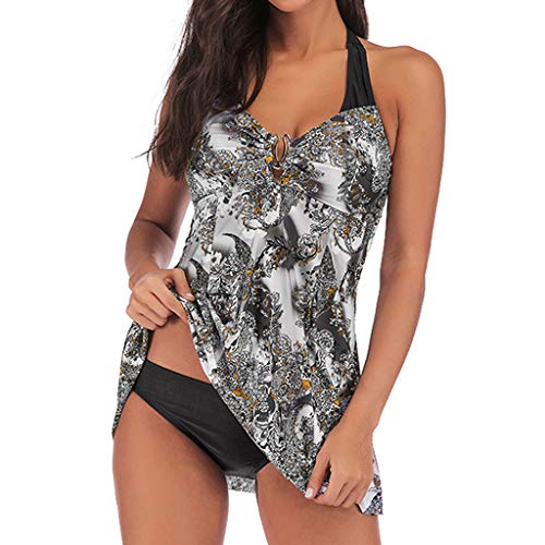 Duseedik Women's Halter Plus Size Swimwear National Print Tankini Swimjupmsuit Plus Size Swimsuit Beachwear Padded Gray