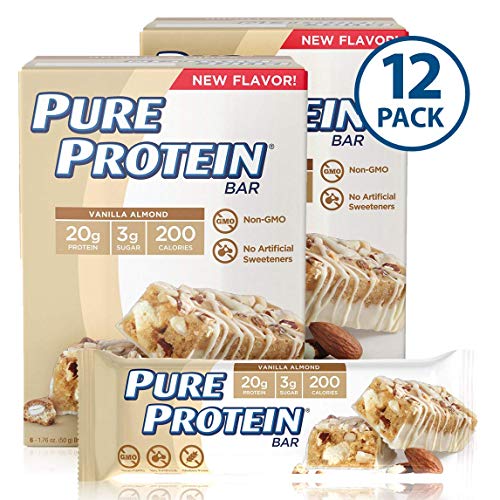 Pure Protein Bars, High Protein, Nutritious Snacks to Support Energy, Low Sugar, Gluten Free, Vanilla Almond, 1.76oz, 12 Pack