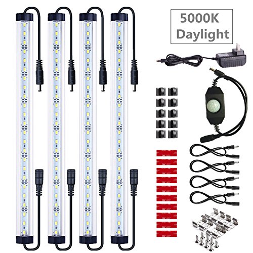 4pcs Motion Sensor LED Under Cabinet Lighting Kit – Extendable Under Counter LED Light Bar for Gun Box, Locker, Closet, Shelf, Reception Desk, Kitchen, Show Case Lighting (5000K Daylight)