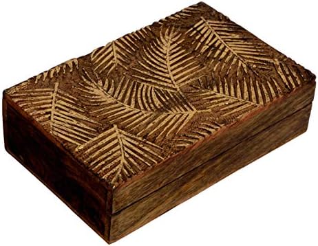 SAAGA Wooden Multipurpose Jewelry Box Keepsake Trinket Treasure Chest Storage Box with Palm Leaves Carving and Gold Foil | 10x7 inches