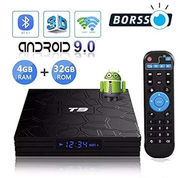 BORSSO T9 Android TV Box, 4GB RAM / 32GB ROM, Android 9 TV Box, 4K Smart TV Box with WiFi, Bluetooth 4.1, AV, USB 3.0, SPDIF, for TV, Projector Any Display Device