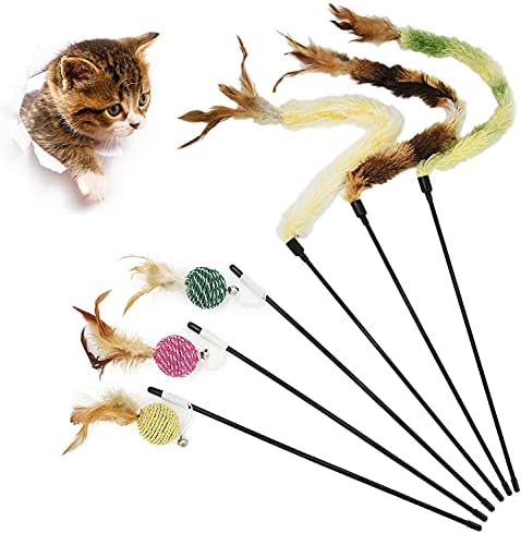 Barleycorn 猫おもちゃ 猫じゃらし 羽のおもちゃ ねこじゃらし 天然鳥の羽棒鈴付き 人気 一人遊び 運動不足解消 6点 セット イェロー