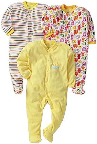 ONLINE CHOICE Born Baby Long Sleeve Cotton Sleep Suit for Boys and Girls Set of 3 (Yellow, 0-3 Months)