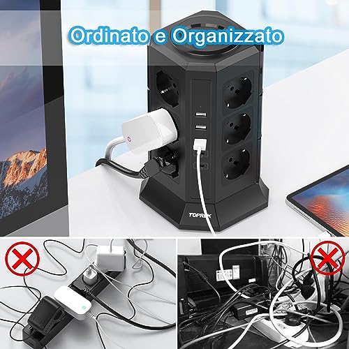 TOPREK Vertical Power Strip with 12 Universal Sockets ITA 10/16A and Schuko and 2 USB C (20W PD3.0 Quick Charge) and 3 USB A, Overvoltage Protection, 4000W/16A, 2 Switches, 2 M Cable, 16A Plug