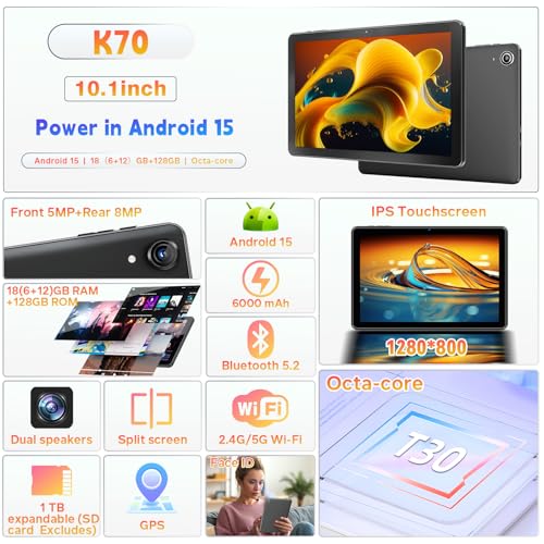 Tablette Android Tablet 10 Inch, Android 15 Tablet 18GB RAM 128GB(1TB Expandable), T30 Octa-Core CPU, Widevine L1, 6000mAh,Gaming Tablets for Adults, Dual Camera (5MP+8MP), WiFi 5, GPS, GMS, Gemini AI