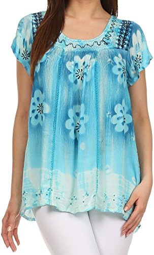 Sakkas 43614 - Short sleeve tie dye gingham peasant top with sequin embroidery - Light Blue - OS
