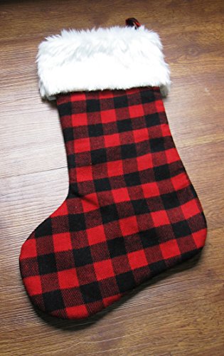 EDLDECCO 20.5 inch Christmas Snowy White Faux Fur Red and Black Plaid Stocking for Holiday party decorations gift-One Piece