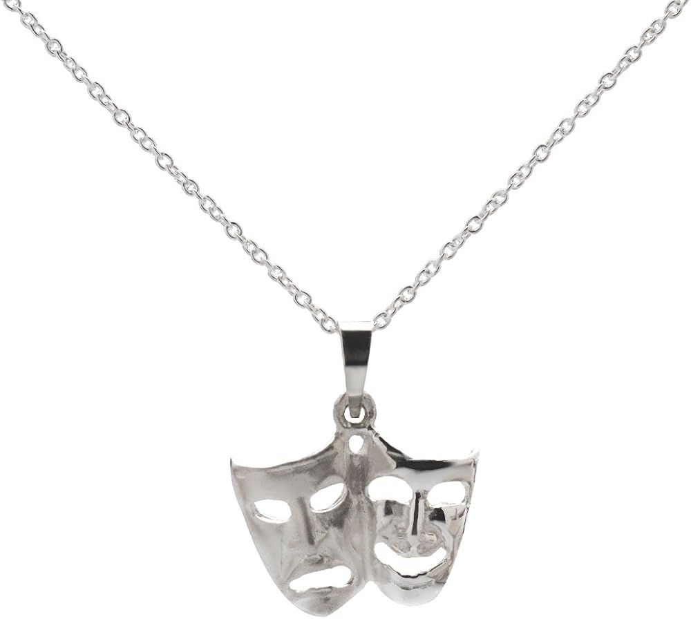 Sterling Silver Drama Theater Comedy Tragedy Mask Necklace with Anchor Chain, 18