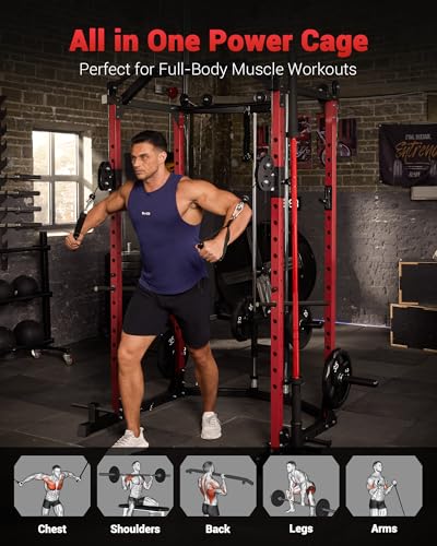 GarveeLife Power Cage, Multi-Functional Power Racks for Home Gym with Cable Crossover System, 1600 LBS Weight Capacity Fitness Squat Rack for Strength Workout with More Training Attachment, Red