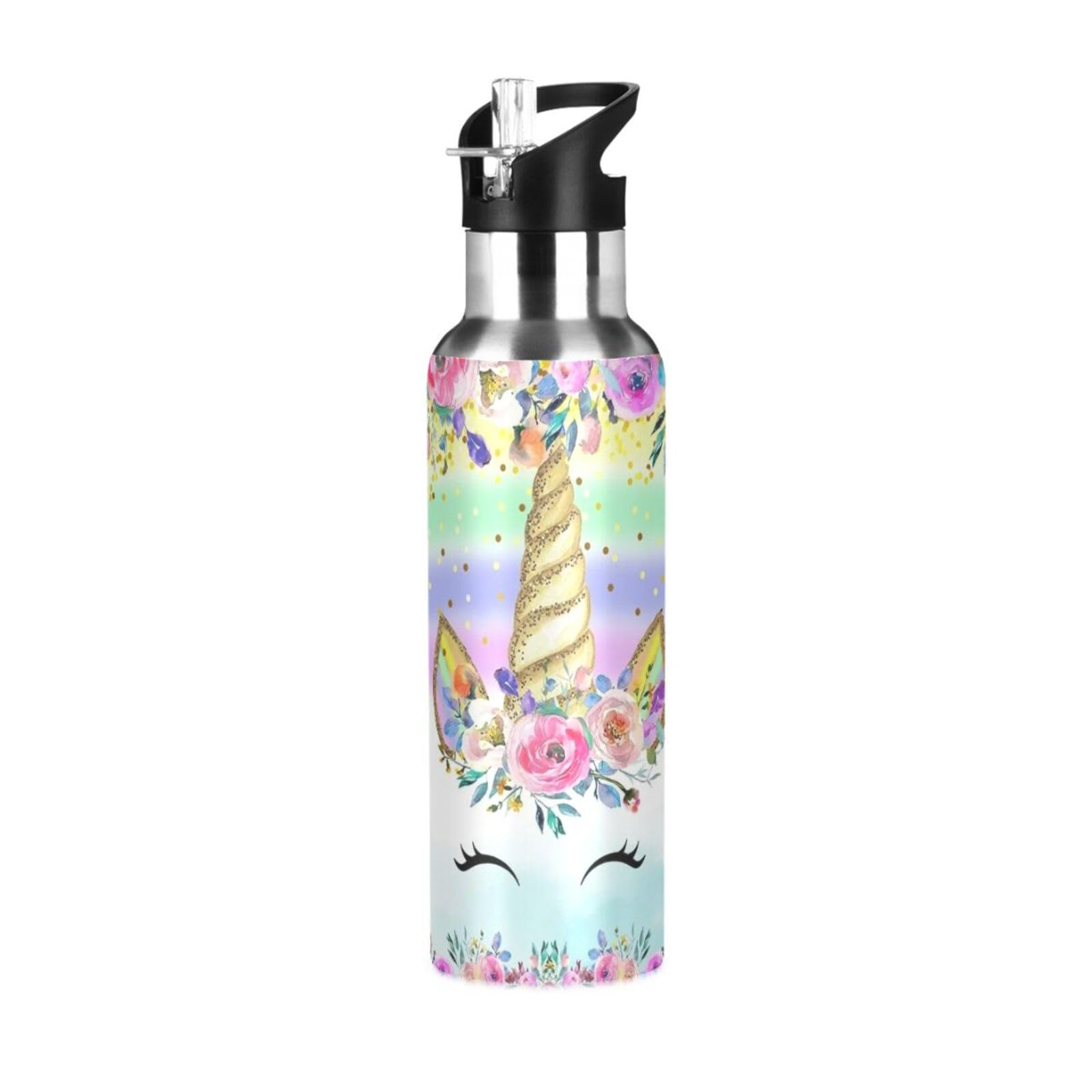 Unicorn Pink Water Bottle for Girls Kids Stainless Steel Drink Flask Straw Vacuum Insulated Leakproof for Sports 600 ml