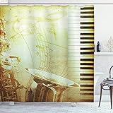 Ambesonne Music Shower Curtain, Print of Piano Keys on Background with Music Notes Image Nostalgia Jazz Theme, Cloth Fabric Bathroom Decor Set with Hooks, 70