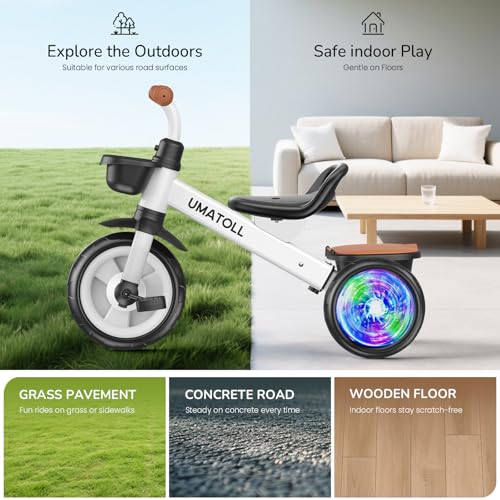 Umatoll Tricycle for Toddler 2-5 Year Old, Toddler Bike Outdoor Toys with Adjustable Seat&Light-Up Wheels, Birthday Gift for Boys Girls Ages 2–4 (White)