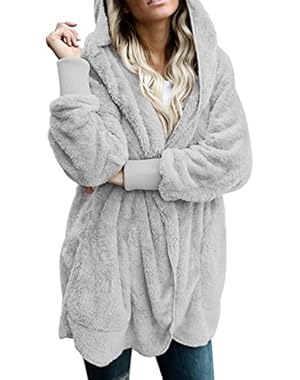 Womens Fuzzy Open Front Hooded Cardigan Jacket Coat Outwear with Pocket