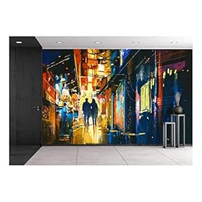 Couple Walking in Alley with Colorful Lights,Digital Painting - Removable Wall Mural | Self-Adhesive Large Wallpaper - 66x96 inches