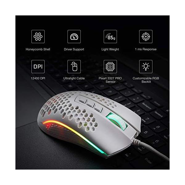 Redragon-M808-Storm-Lightweight-RGB-Gaming-Mouse-85g-Ultralight-Honeycomb-Shell-12400-DPI-Optical-Sensor-7-Programmable-Buttons-Precise-Registration-Super-Lite-Cable-White Redragon M808 Storm Ultralight Wired Gaming Mouse, 85g Lightweight Honeycomb Shell - Adjustable DPI Up to 12,400…