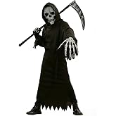 YEJINCUN Grim Reaper Costume Kids Scary Skull Halloween Costumes for Boys | Complete Grim Reaper Suit,Black Robe,Hood,Scythe,Gloves,Soft Breathable Fabric,Scary Costumes for Halloween Party Cosplay