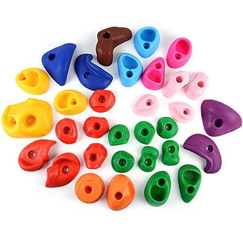 TOPNEW 32 Rock Climbing Holds Multi Size for Kids, Adult Rock Wall Holds Climbing Rock Wall Grips for Indoor and Outdoor Playground Play Set - Includes 2 Inch Mounting Hardware
