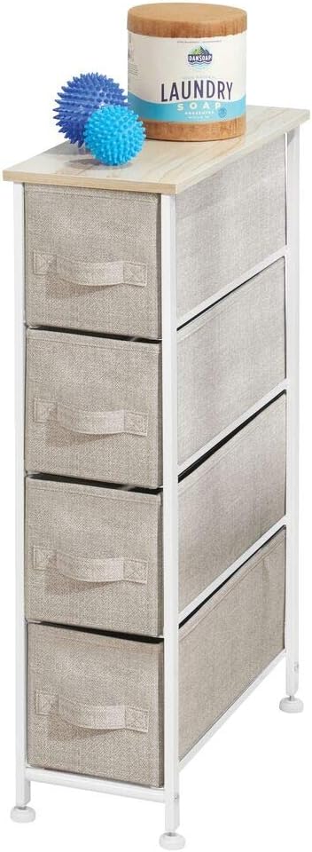 mDesign Narrow Vertical Dresser Storage Tower - Sturdy Frame, Wood Top, Easy Pull Fabric Bins - Organizer Unit for Bedroom, Hallway, Entryway, Closets - Textured Print, 4 Drawers - Light Tan/White -