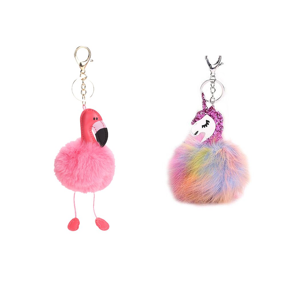 WayOuter 2 Pack Flamingo and Unicorn Keychain Pompom Key Chain for Handbag, Purse, Backpack, Cell Phone, Car Keyring Decoration Accessory (Golden & Silver)